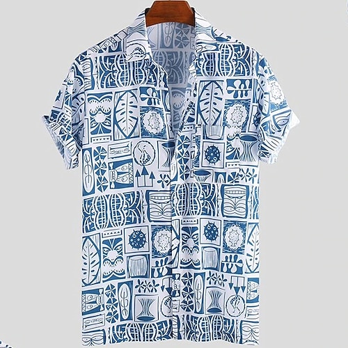 

Homens Camisa Social Gráfico Aberto para a Lateral Azul Ao ar livre Rua Manga Curta Botão para baixo Imprimir Roupa Moda Casual Respirável Confortável / Verão / Verão