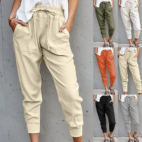 

Women's Cotton Linen Drawstring Pants Elastic Waist Casual Loose Beach Yoga Pants Summer Quick Dry Lightweight Breathable Bottoms