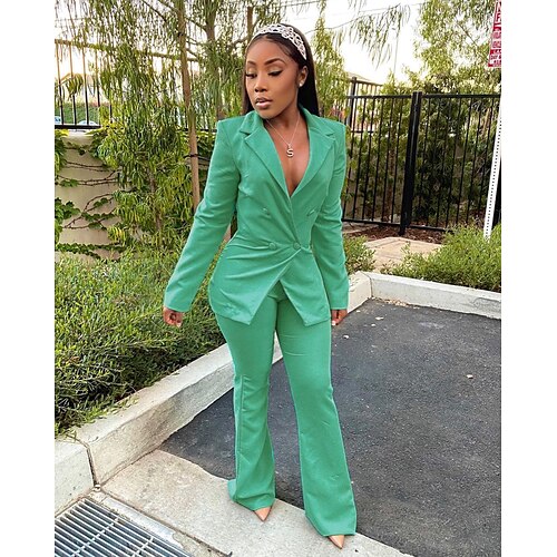 

Women's Blazer Office Suit Pants Sets Basic Green Blue Office Work Business Solid Color Shirt Collar S M L XL XXL