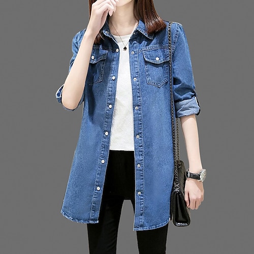 

Women's Denim Jacket Outdoor Street Daily Spring Summer Regular Coat Regular Fit Breathable Streetwear Casual Jacket Long Sleeve Solid Color Pocket Light Blue Navy Blue