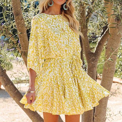 

Mini robe Femme Robe casual Manches 3/4 Hiver Automne Lacet Imprimer Floral Col Ras du Cou 2022 Vert Jaune S M L XL