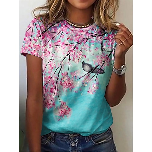 

Women's T shirt Tee Rainbow Floral Patchwork Print Short Sleeve Casual Daily Basic Round Neck Regular S / 3D Print