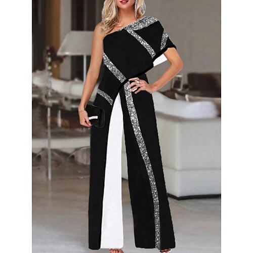 

Women's Jumpsuit Patchwork Color Block One Shoulder Elegant Daily Vacation Straight Regular Fit Short Sleeve Black S M L Spring