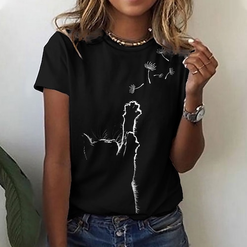 

Women's T shirt Tee Black Cat Dandelion Print Short Sleeve Casual Weekend Basic Round Neck Regular 3D Cat Painting S