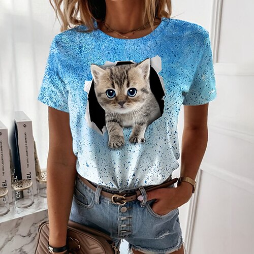 

Women's T shirt Tee Green Blue Purple Cat 3D Print Short Sleeve Casual Weekend Basic Round Neck Regular 3D Cat Painting S