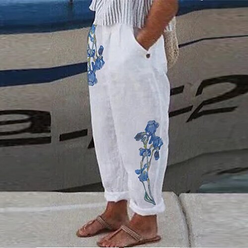 

Women's Plus Size Pants Chinos Pocket Print Floral Casual Casual Daily Natural Full Length Spring Summer White L XL XXL 3XL