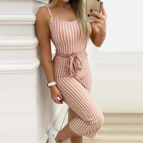 

Women's Jumpsuit Lace up Backless Striped Crew Neck Streetwear Home Street Regular Fit Spaghetti Strap Pink Black S M L Spring