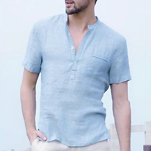 

Men's Shirt Solid Color Pocket Collar Street Beach Short Sleeve Tops Cotton Lightweight Casual Daily Breathable Henley Light Blue Almond Green / Wet and Dry Cleaning
