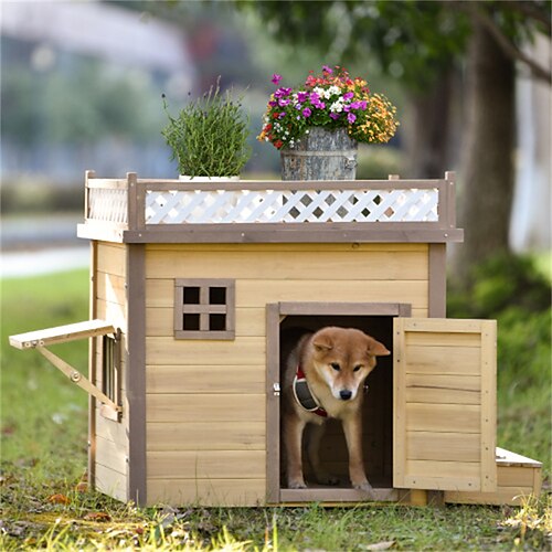 

31.5 Wooden Dog House Puppy Shelter Kennel Outdoor & Indoor Dog Crate With Flower Stand Plant Stand With Wood Feeder