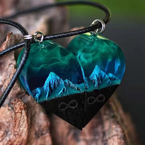 

Wood Resin Paired Heart Pendants Mountains