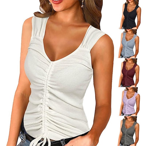 

Women's threaded drawstring slim tank top t-shirt solid color tanks