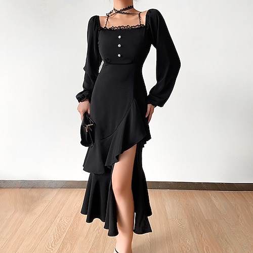 

A-Line Prom Dresses Little Black Dress Dress Party Wear Tea Length Long Sleeve Square Neck Satin with Criss Cross Slit Lace Insert 2022