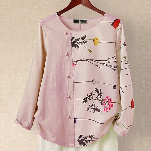 

Women's Plus Size Tops Blouse Shirt Floral Print Long Sleeve Vintage Streetwear Daily Going out Cotton Fall Spring Blue Pink