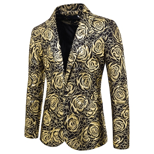 

Men's Blazer Cocktail Attire Party Business Single Breasted One-button Shirt Collar Business Casual Jacket Floral Wine Gold