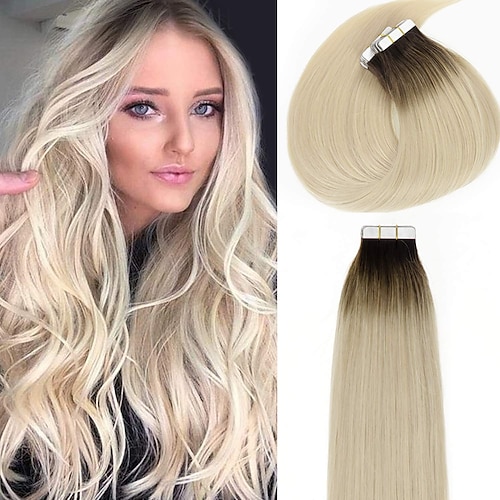 

Rooted Human Hair Tape in Extensions Natural Dip Dyed Balayage Darker Brown to Platinum Blond Seamless PU Skin Weft 14-22 Inch Real Remy Hair Extensions Double Side 50g 20pcs