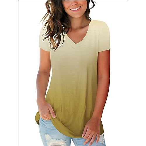 

Women's T shirt Tee Green Blue Yellow Color Gradient Short Sleeve Casual Weekend Basic V Neck Regular S