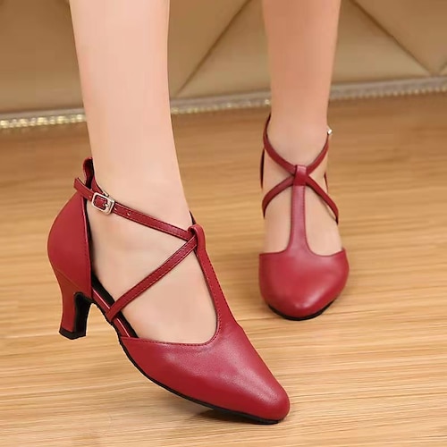 

Women's Modern Shoes Ballroom Shoes Character Shoes Performance Waltz Professional Solid Color High Heel Closed Toe Buckle T-Strap Adults' Black Drak Red