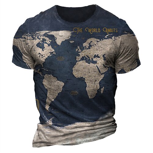 

Men's T shirt Tee Graphic Map Crew Neck Blue 3D Print Outdoor Casual Short Sleeve Print Clothing Apparel Vintage Fashion Classic Comfortable / Summer / Summer