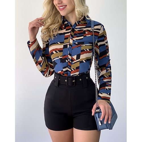 

Women's Streetwear Geometric Work Office Two Piece Set Blouse Office Suit Shorts Sets Shorts Print Tops