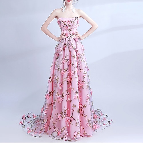 

A-Line Prom Dresses Floral Dress Prom Sweep / Brush Train Sleeveless Strapless Tulle with Embroidery Pattern / Print 2022