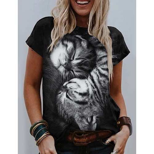 

Mulheres Camiseta Preto Gato 3D Imprimir Manga Curta Casual Final de semana Básico Decote Redondo Padrão Gato 3D Pintura S