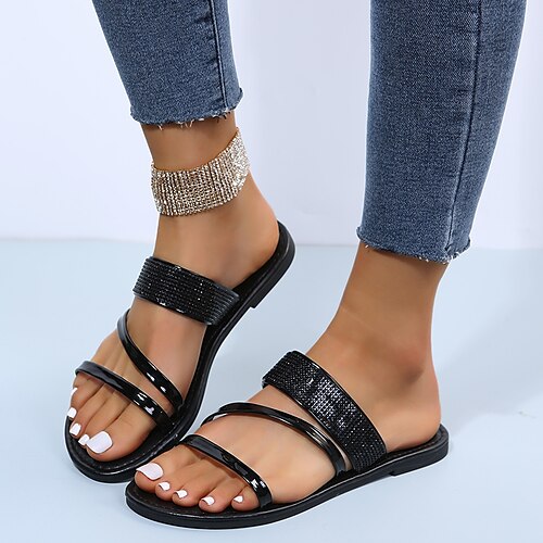

Damen Pantoffeln Hausschuhe im Freien Täglich Sommer Strass Flacher Absatz Runde Zehe Casual Wanderschuhe PU Leder Halbschuhe Schwarz Silber Gold
