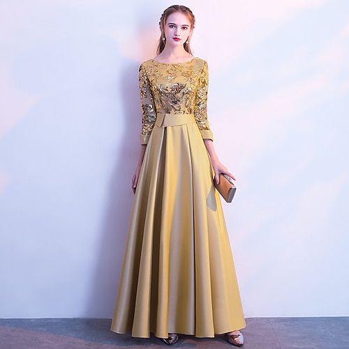

A-Line Bridesmaid Dress Jewel Neck Long Sleeve Beautiful Back Floor Length Satin / Tulle / Sequined with Sash / Ribbon / Pleats 2022