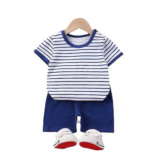 

2 Pieces Kids Boys T-shirt & Shorts Clothing Set Outfit Stripe Short Sleeve Cotton Set Daily Comfort Summer 1-5 Years Blue Brown Gray