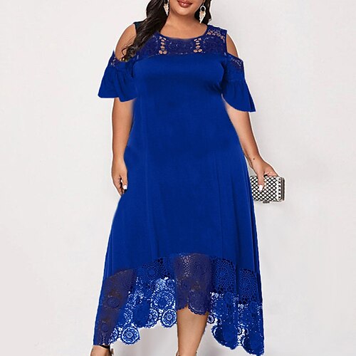 

Women's Plus Size Party Dress Solid Color Crew Neck Lace Half Sleeve Spring Fall Elegant Formal Maxi long Dress Party Vacation Dress