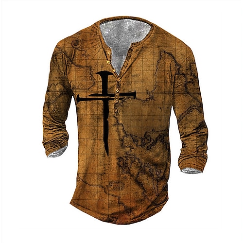 

Men's T shirt Tee Henley Shirt Tee Graphic Cross Henley Brown 3D Print Plus Size Outdoor Daily Long Sleeve Button-Down Print Clothing Apparel Basic Designer Casual Classic / Sports