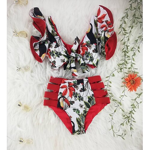 

Women's Swimwear Bikini 2 Piece Normal Swimsuit 2 Piece Deep V High Waist Floral Print Blue leaf orange flower Green leaf bird on white background red Pink base print Bathing Suits Cute Cute
