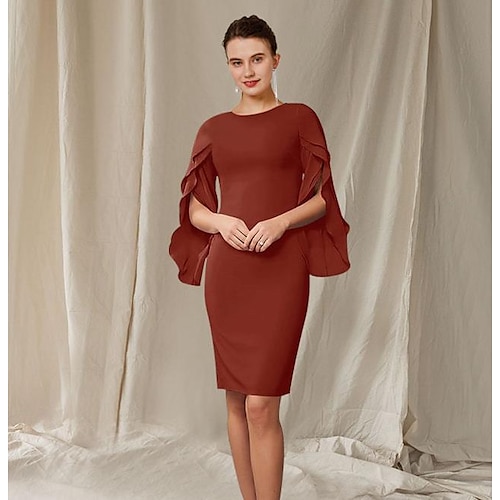 

Sheath / Column Mother of the Bride Dress Elegant Jewel Neck Short / Mini Chiffon Long Sleeve with Ruffles 2022