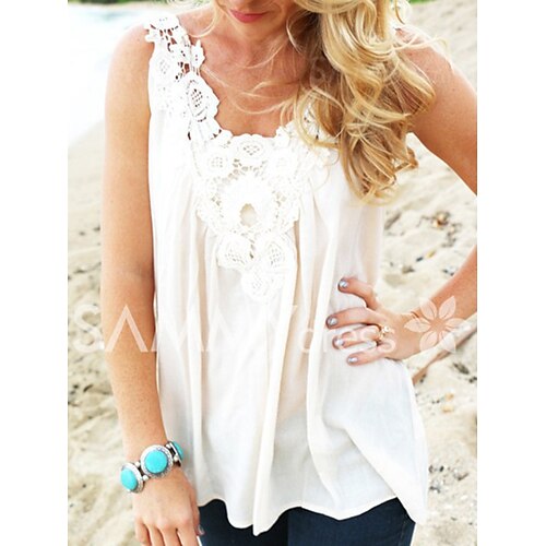 

Women's Tank Top Vest White Plain Lace Patchwork Sleeveless Daily Weekend Streetwear Casual V Neck Regular S