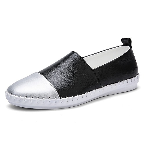 

Women's Slip-Ons Plus Size Daily Summer Flat Heel Round Toe Casual Minimalism Walking Shoes Leather Loafer Color Block Black White