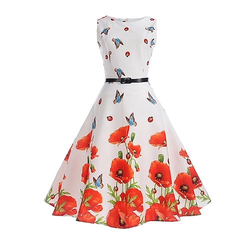 

Women's Sheath Dress Knee Length Dress White Sleeveless Butterfly Floral Butterfly Print Spring Summer Round Neck Vintage Floral S M L XL XXL