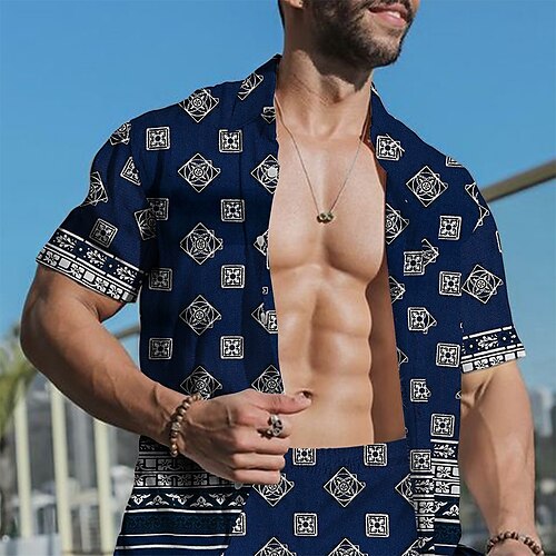 

Men's Shirt Set Summer Hawaiian Shirt Graphic Turndown Blue 3D Print Outdoor Casual Short Sleeve 3D Print Button-Down Clothing Apparel Fashion Casual Hawaiian Comfortable / Spring