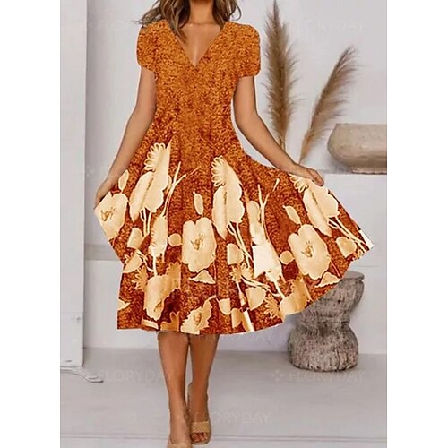 

Women's Casual Dress Swing Dress Mini Dress Black Red Orange Short Sleeve Floral Print Spring Summer V Neck Elegant Loose Fit 2023 S M L XL XXL 3XL