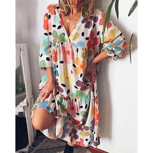 

Dame Skiftkjole Midikjole Gul Blå Lilla Halvlange ermer Blomstret Smukket Sommer Vår V-hals Stilfull 2023 S M L XL XXL XXXL 4XL 5XL