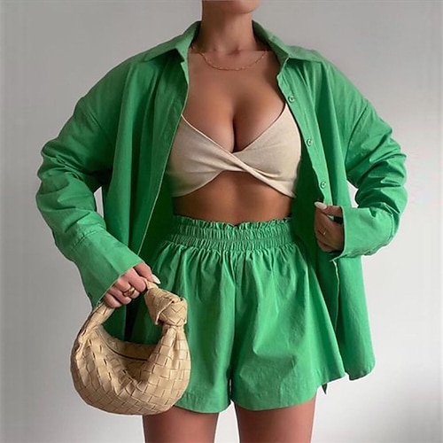 

Women's Blouse Active Basic Streetwear Green Blue Holiday Vacation Solid Color Plain Shirt Collar Shorts S M L