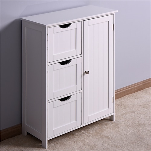 

Bathroom Storage Cabinet White Floor Cabinet with 3 Large Drawers and 1 Adjustable Shelf