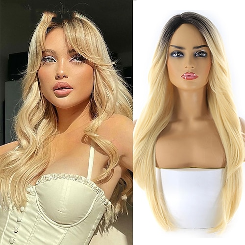 

Blonde Wigs with Bangs 613 Blonde Synthetic Lace Wigs for Women Side Part Long Straight Hair with Wavy Bangs Glueless Heat Resistant Lace Wig