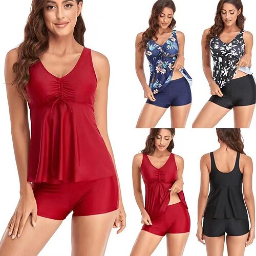 

Women's Tankini Two Piece Swimsuit with Boy Shorts Bathing Suit Solid Color Swimwear Black And White Wine Red Breathable Quick Dry Sleeveless - Swimming Surfing Beach Summer