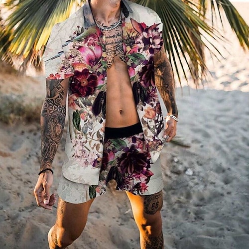 

Men's Shirt Set Graphic Shirt Floral Turndown Beige Outdoor Street Short Sleeve Button-Down Print Clothing Apparel Fashion Designer Casual Breathable / Summer / Spring / Summer