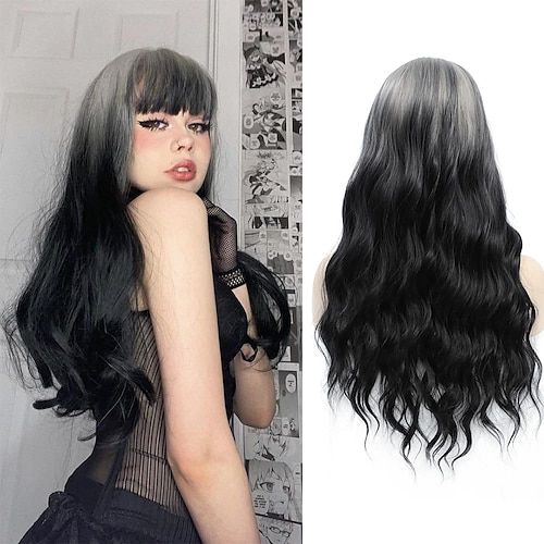 

Wig Long Wavy Black Wig for Women Ombre Gray Black Wig With Bangs Natural Looking Middle Part Synthetic Full Curly Wig for Daily Party Cosplay 26 Inch