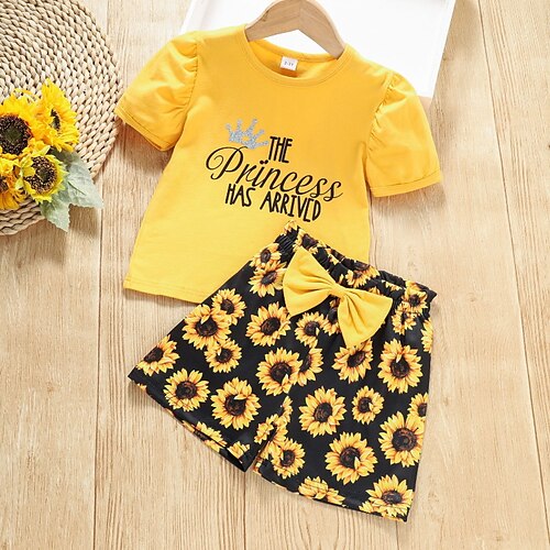 

2 Pieces Kids Girls' T-shirt Shorts Clothing Set Outfit Floral Letter Short Sleeve Bow Set Outdoor Active Sweet Summer 2-8 Years Yellow