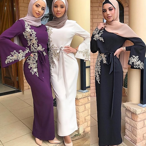 

Arabian Muslim Adults Women's Girls' Natural Cosplay Hearts Abaya Abaya Kaftan Dress For Party Ceremony Festival Polyester Embellished&Embroidered Dress