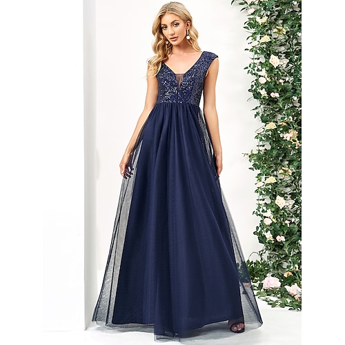 

A-Line Prom Dresses Elegant Dress Prom Floor Length Sleeveless V Neck Tulle with Sequin Pure Color 2022 / Sparkle & Shine