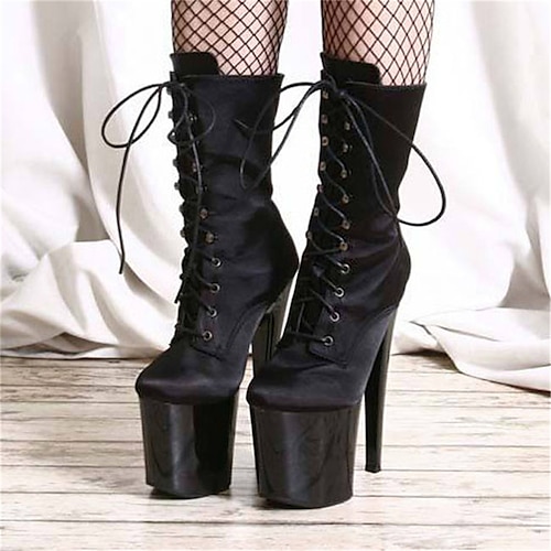 

Women's Boots Stripper Boots Lace Up Boots Daily Beach Mid Calf Boots Pumps Round Toe Closed Toe PU Leather Zipper Solid Colored Black