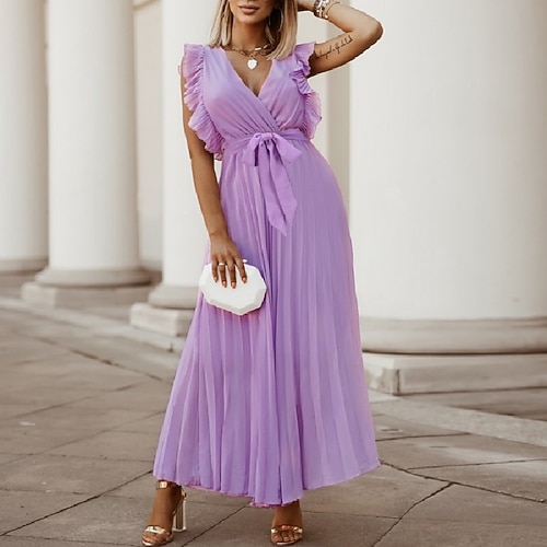 

A-Line Minimalist Sexy Party Wear Dress V Neck Sleeveless Ankle Length Polyester with Bow(s) Ruffles 2022