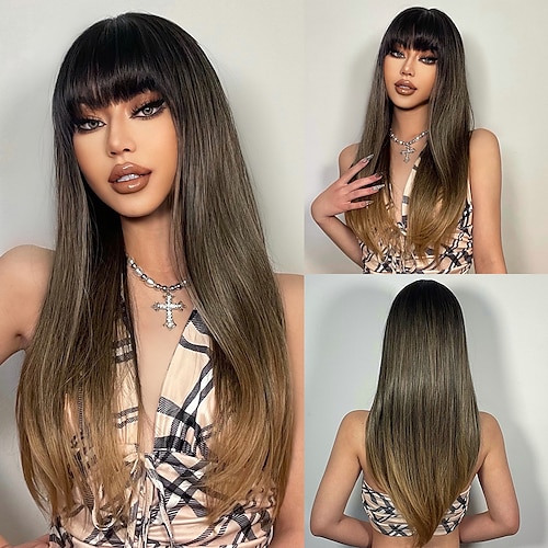 

Air Bangs Long Straight Hair Dark Brown Gradient Wig Female European and American Fashion Soft Mechanism Chemical Fiber Hair